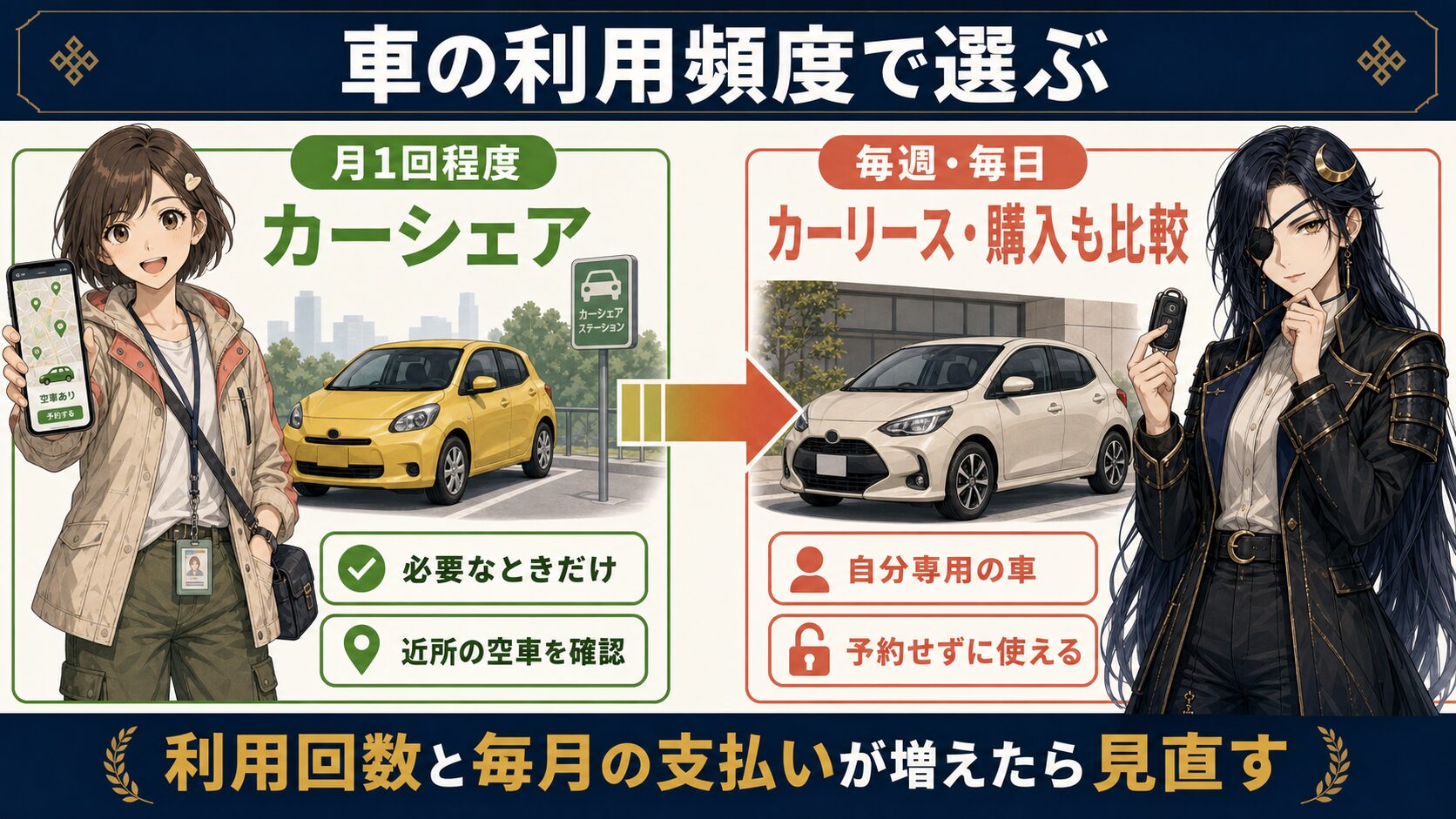 月1回程度ならカーシェア、毎週や毎日ならカーリースや購入も比較する選び方