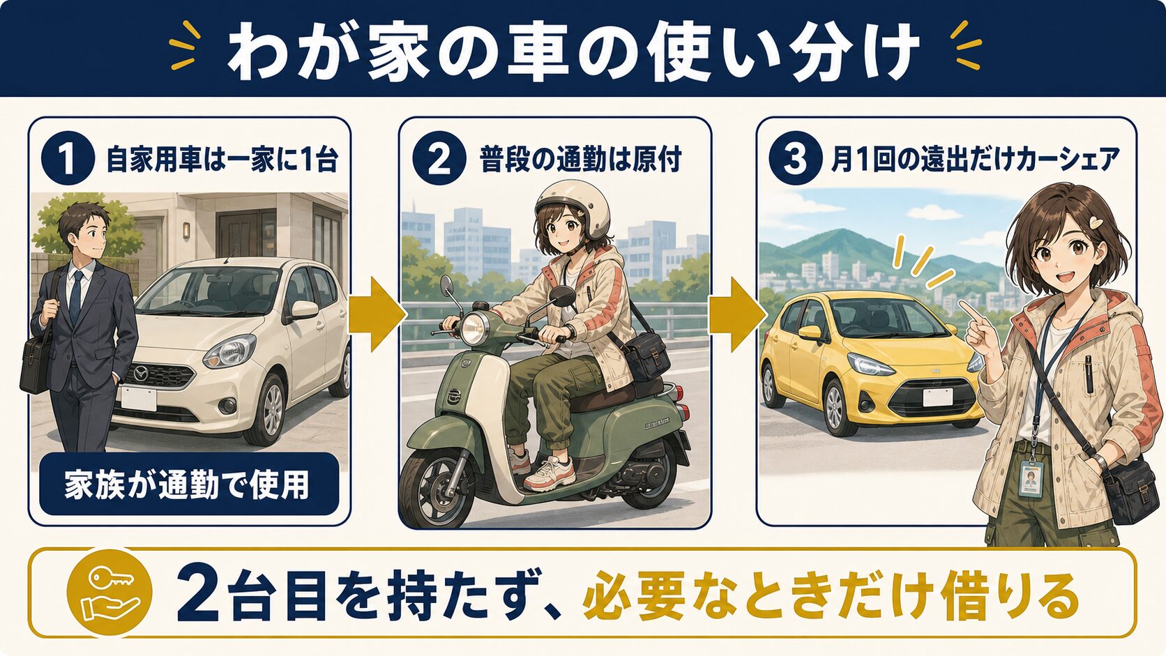 自家用車は家族が通勤で使い、普段は原付、月1回の遠出にはカーシェアを使う生活スタイル