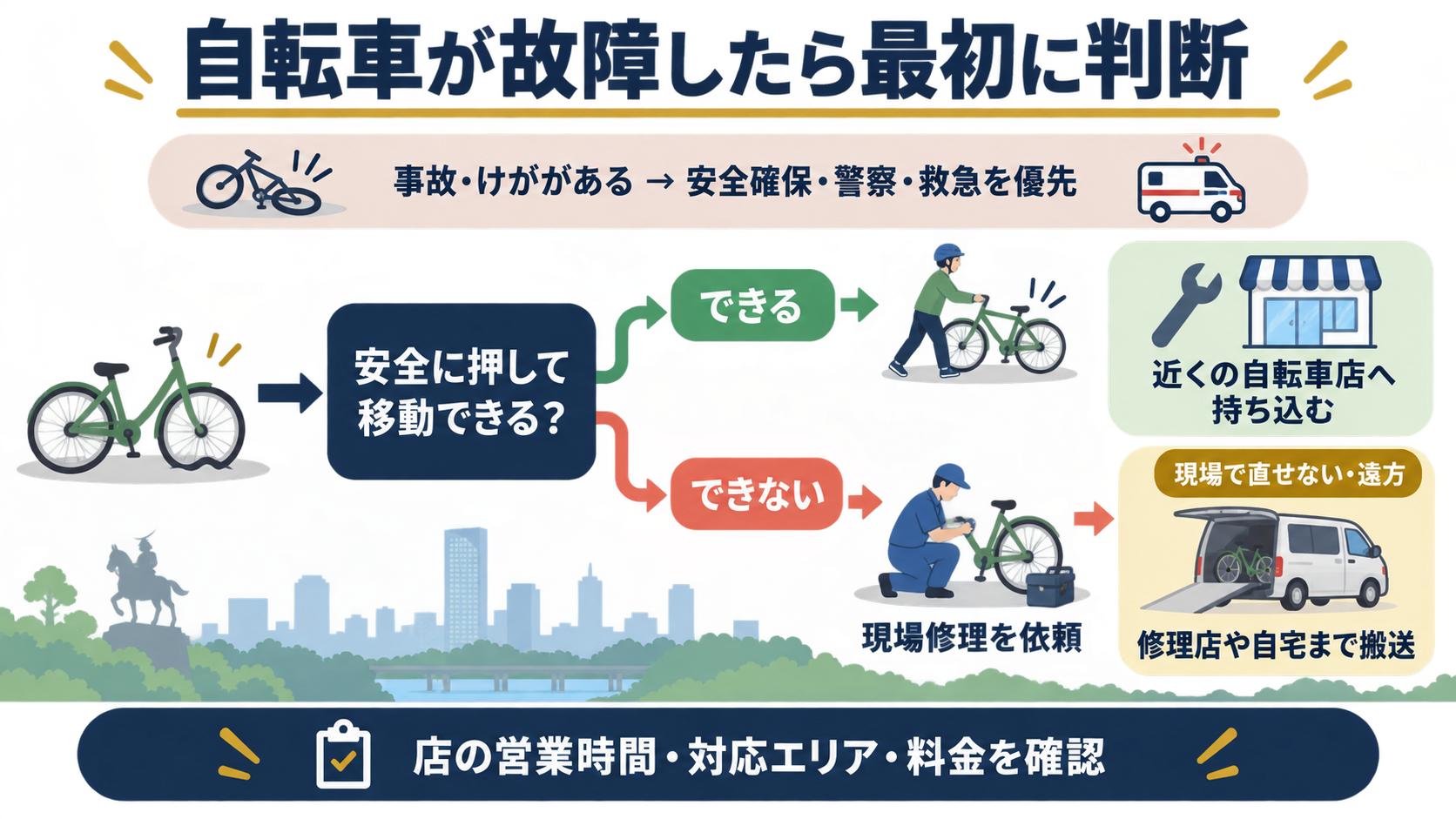 自転車が故障したときに持ち込み・現場修理・搬送を選ぶ流れ