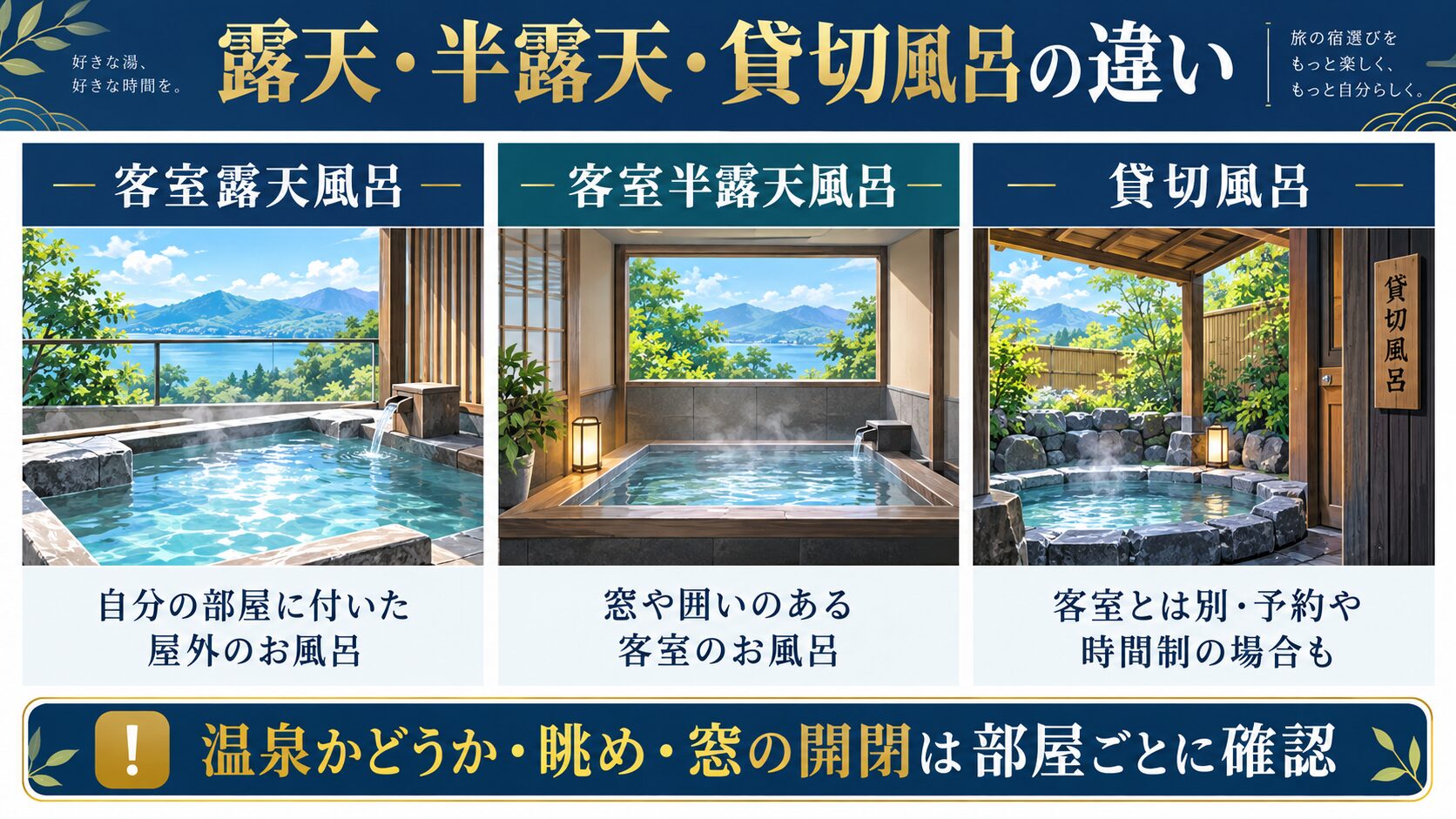 客室露天風呂、半露天風呂、貸切風呂の違い