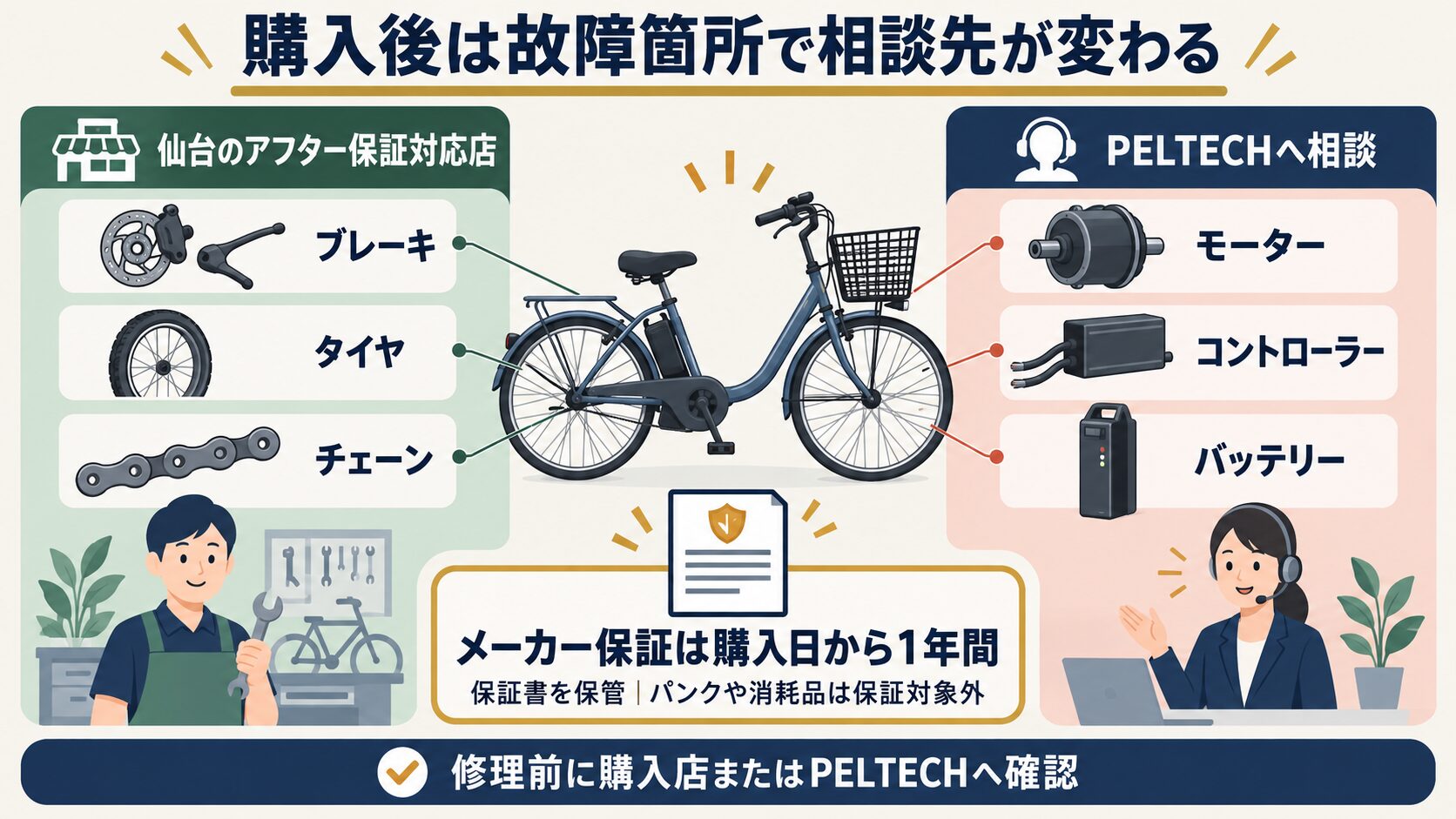 PELTECH購入後の一般部品と電子部品の相談先を分けた図解