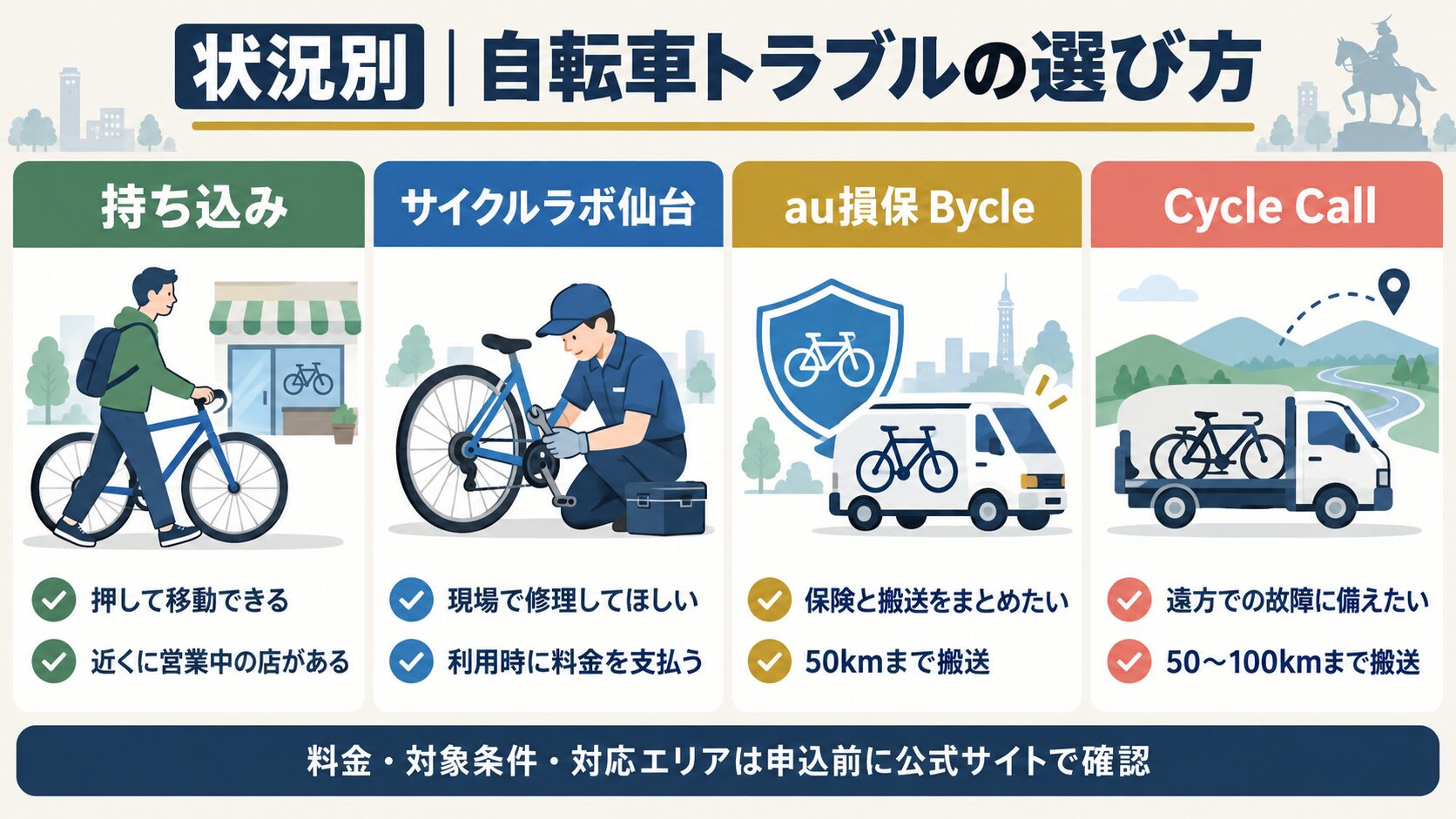 仙台の自転車持ち込み・サイクルラボ仙台・Bycle・Cycle Callの比較図