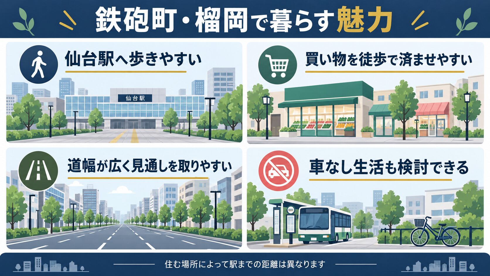 鉄砲町・榴岡周辺で暮らす魅力をまとめた図解