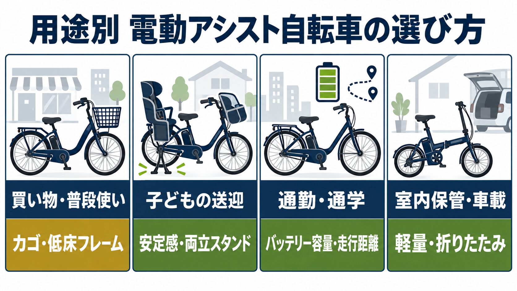 用途別の電動アシスト自転車の選び方を示す図解