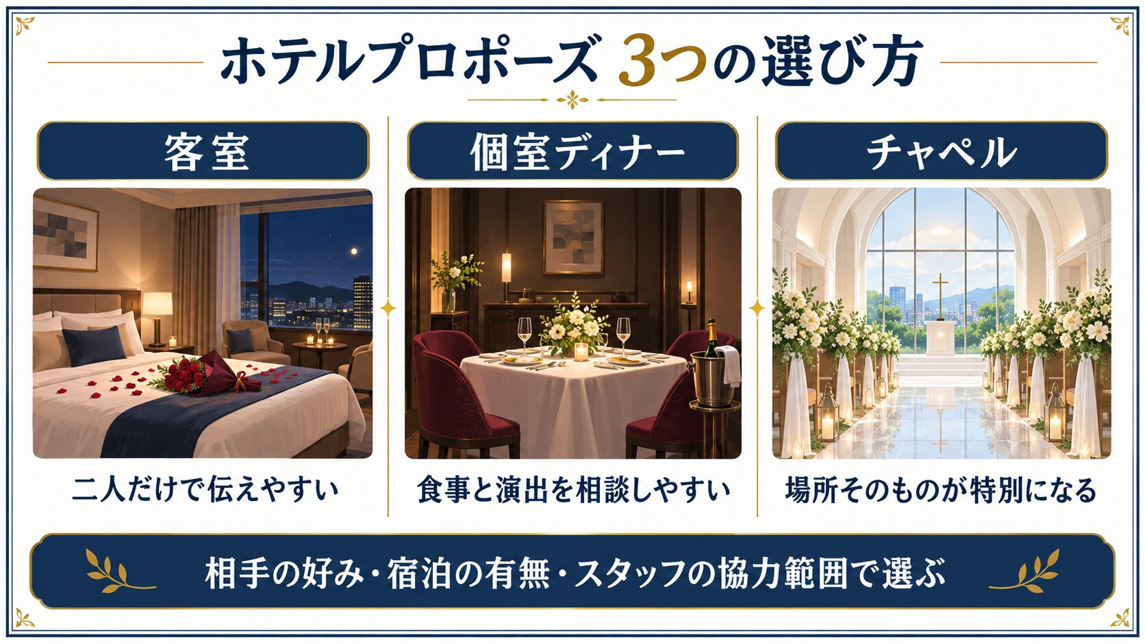 客室・個室ディナー・チャペルから選ぶホテルプロポーズの比較図