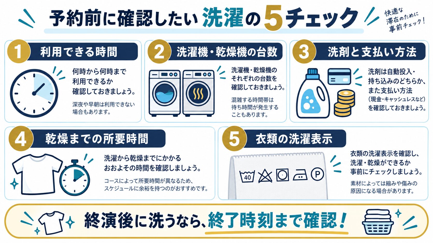利用時間・台数・洗剤と支払い・所要時間・洗濯表示の5チェック